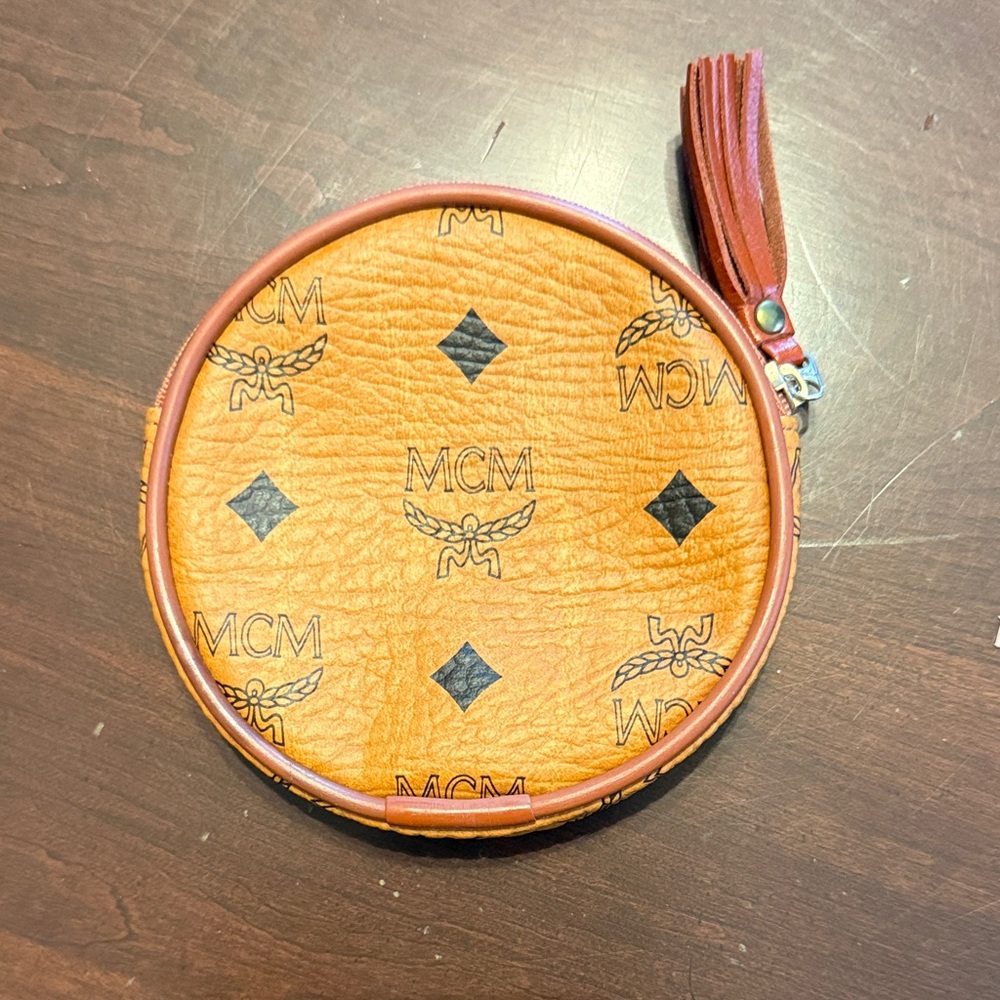 MCM Cognac Leather Coin Pouch with Black Accents